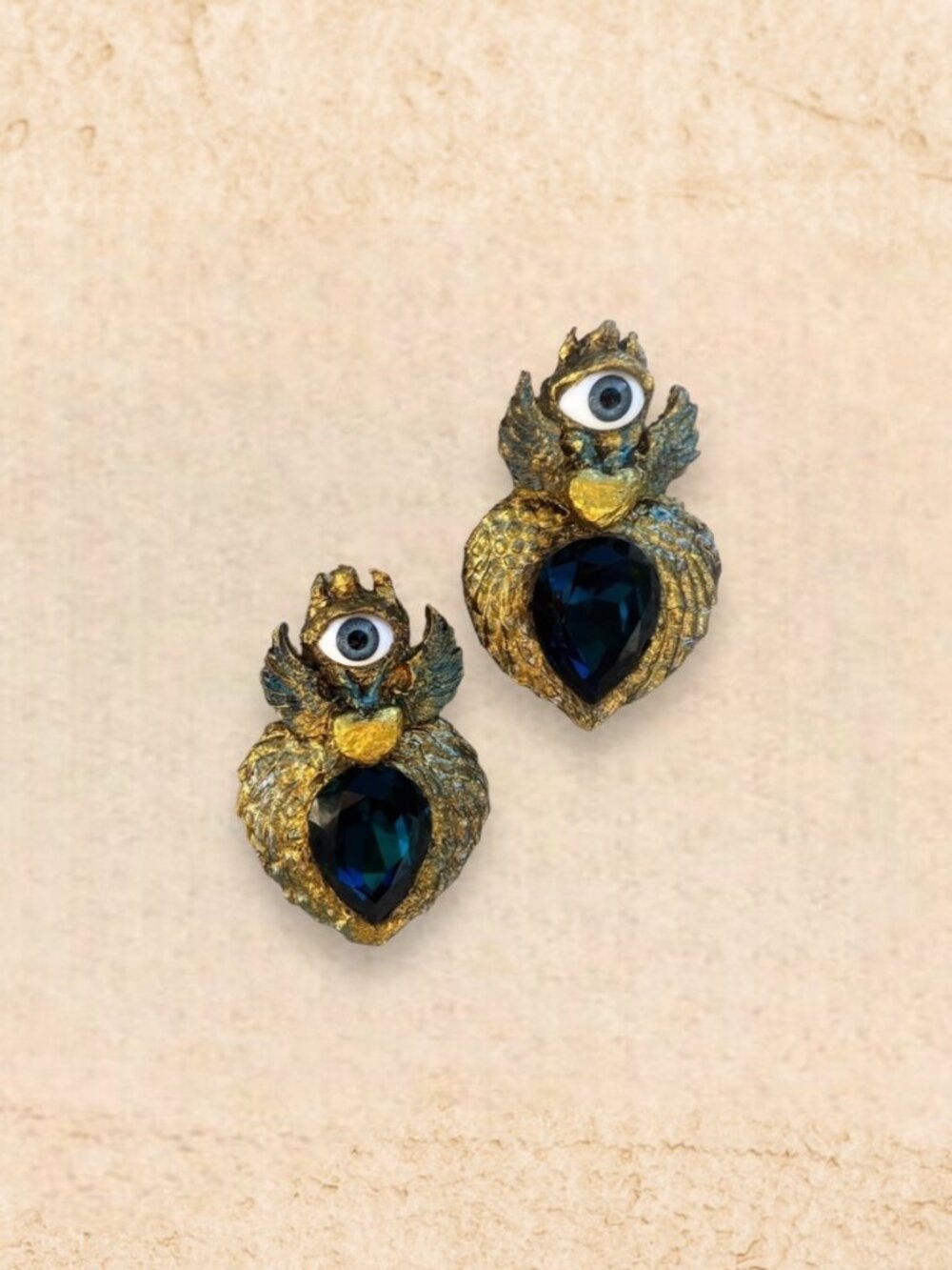 Handmade Papier-Mâché Gold Leaf Angel Eye Earrings, Blue Teardrop Stone